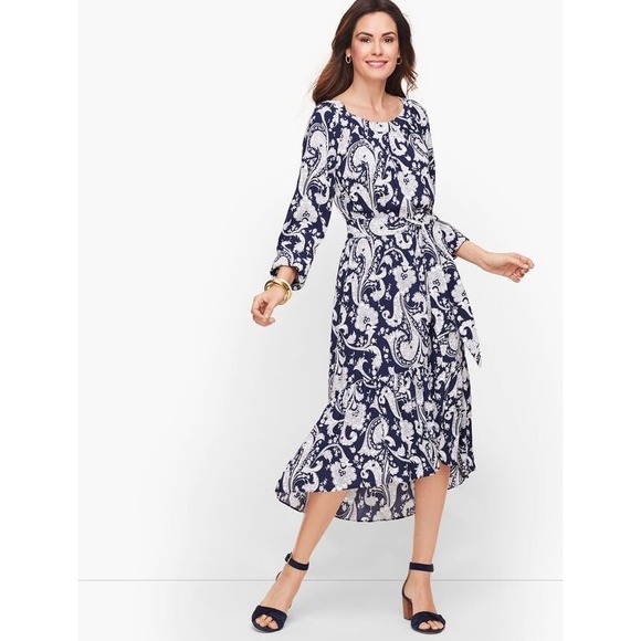 Talbots Plus Dresses & Skirts - Talbots Plus Navy White Paisley Midi Dress with Belt Sz 1X High Low Hem